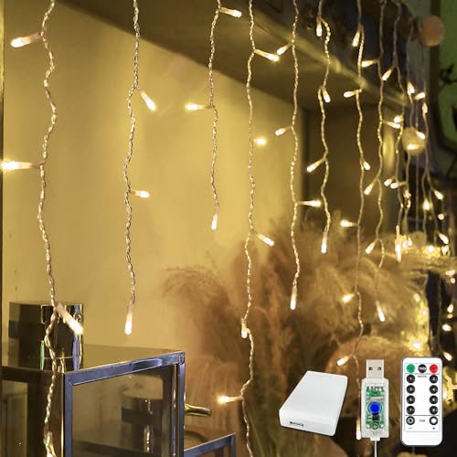 TUSLUZ 13ft Icicle Christmas Lights 96 LED USB/Battery Powered Remote Timer 18 Drops Curtain Fairy Light for Wedding Christmas Halloween Party Room Decoration (Warm White)