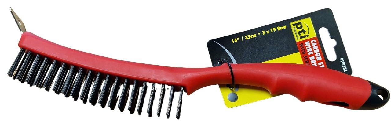 Pti Red 14 Inch Carbon Steel Wire Cleaning Brush With Scraper Heavy Duty Steel Brush With Easy To Hold Plastic Handle, Wire Brushes For Cleaning Rust Heavy Dirt, Bbq Concrete, Wielding, Paint Removal