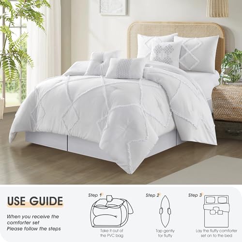 Image of LANCO MODERN LIFESTYLE 7 Pieces White Comforter Set, Queen Size, 3D Clip Jacquard Bedding Set for All Seasons, Ultra Soft and Fluffy, Matching Pilllow Shams, Bedskirt and Decor Pillows