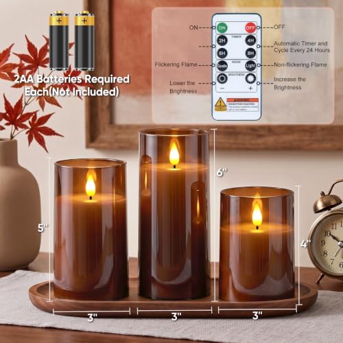 Image of Raycare Battery Operated Flameless Pillar Candles with Remote Timer, Gray | LED Acrylic 3D Flickering Warm Glow for Fall Home Decor, Hotel Spaces, Halloween, Thanksgiving Dinners, Christmas, Set of 3