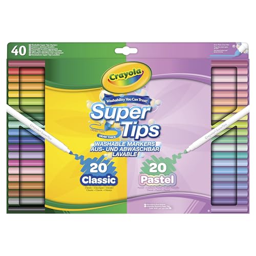 CRAYOLA SuperTips Lot de 40 marqueurs lavables – Couleurs classiques et pastel | Feutres de qualité supérieure qui peuvent facilement laver la peau et les vêtements | Pour enfants à partir de 3 ans