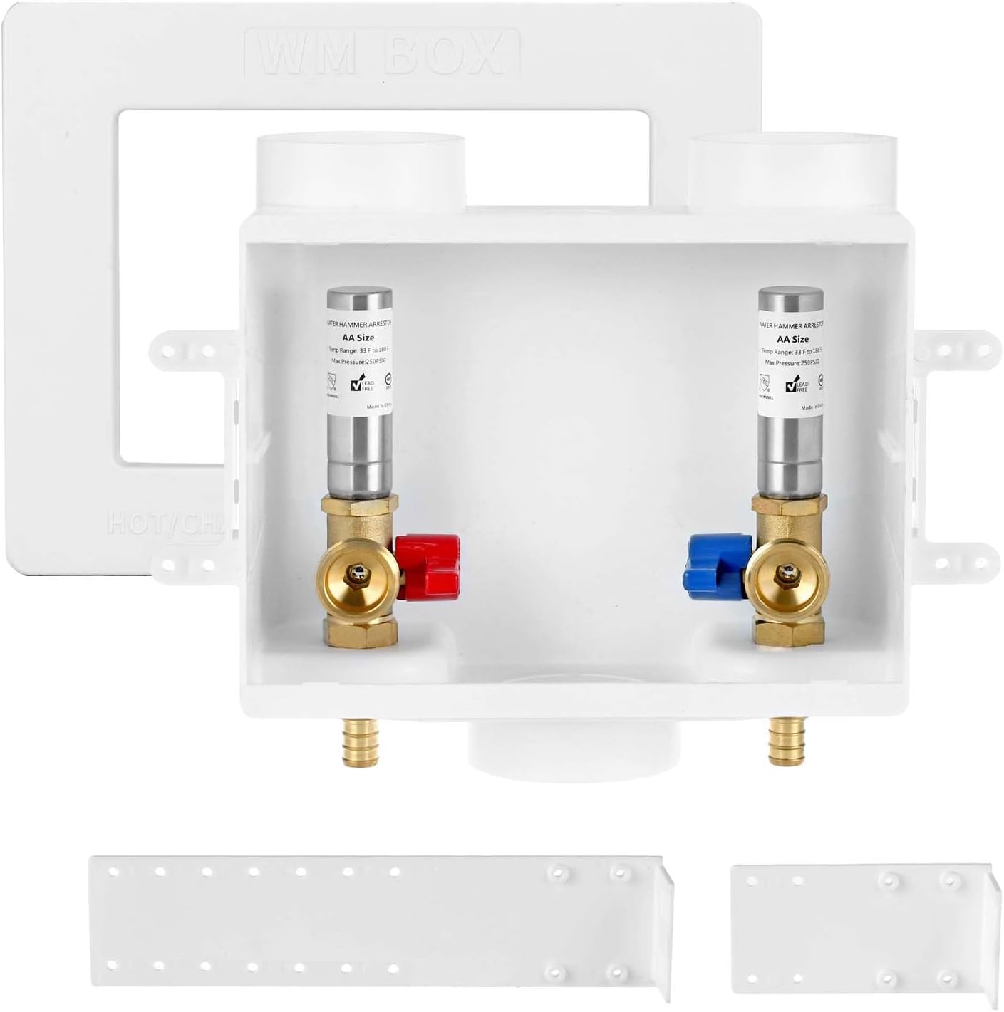 Premium Washing Machine Outlet Box, with Stainless Steel Water Hammer Arrestor, 1/2-Inch Pex Crimp x 3/4-Inch MHT Connection, Laundry Washer Valve Outlet Box with Clear Text Instructions