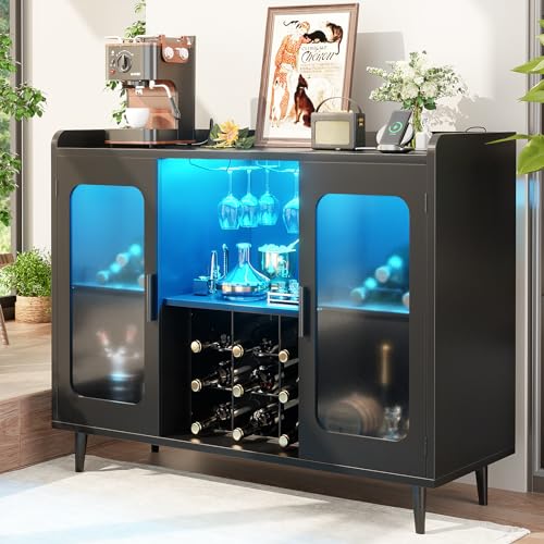 iSunirm Wine Bar Cabinet with Power Outlet, Liquor Cabinet Bar with LED Light and Glass Holder, Home Coffee Bar Cabinet, Buffet Sideboard with Storage shelf for Kitchen, Dining Room, Black