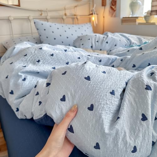Lanqinglv Bettwäsche 200x200 Seersucker Blau Herzen,Kinderbettwäsche – Ansicht 6