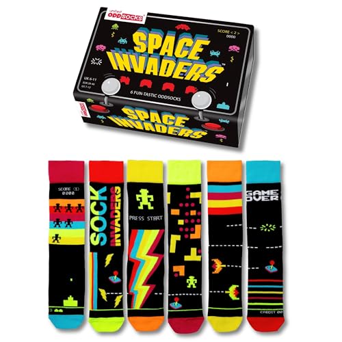 United Oddsocks Space Invaders Gift Box – 6 Fun-Tastic Odd Socks for Men – UK 6–11, EUR 39–46, US 7–12 – Officially Licensed TAITO Retro Gaming Socks – Mix & Match Novelty Gift for Birthdays & Fans