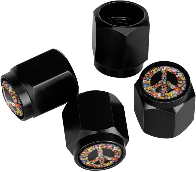 Hippie Flowers Daisies Peace Sign Tire Valve Stem Caps, Aluminum Black Stem Tire Valve Caps Universal Stem Covers for Cars, SUVs, Trucks, Bikes, Motorcycles, Bicycles (4 Pack)
