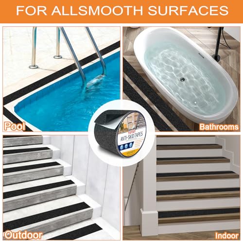 Image of Black Anti-Slip Stair Treads Tape,4 inch x50FT Heavy Duty PVC Non-Skid Grip Tape for Wooden Steps, Indoor /Outdoor Stairs, Pool Decks - Peel & Stick Waterproof Safety Traction