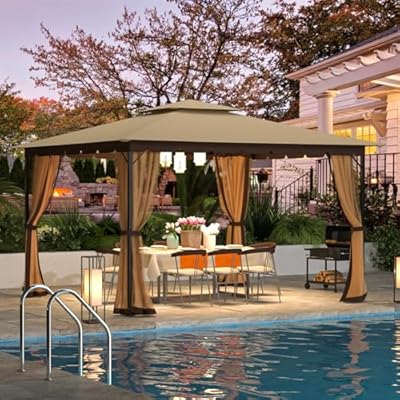 [Upgraded] 10x12 Gazebo with Mosquito Netting,Sturdy Metal Outdoor Patio Gazebo[Heavy Duty Frame],Canopy Tent with Dual Air Roof,Patio Canopy Tent,Waterproof/Wind Resistant for Deck Poolside Yard