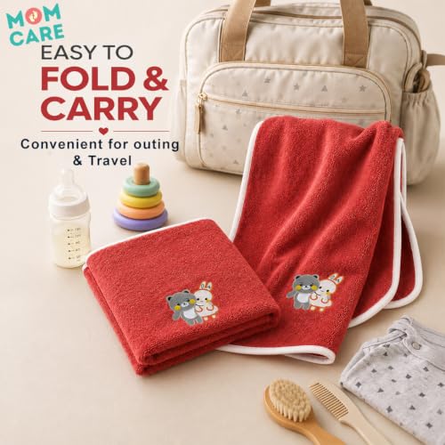 Image of MOM CARE Baby Kids Bath Towel 70x140 cm, Soft Microfiber, Quick Dry Red