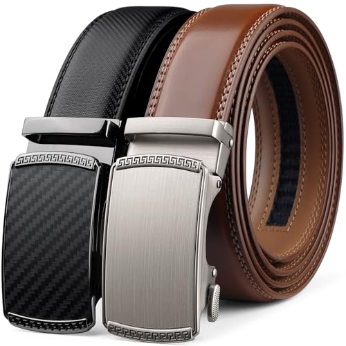 Image of Founders & C Mens Belt 2 Pack,Leather Ratchet Click Belt Dress with Slide Buckle 1 3 /8 inch in Gift Set Box- Size Adjustable