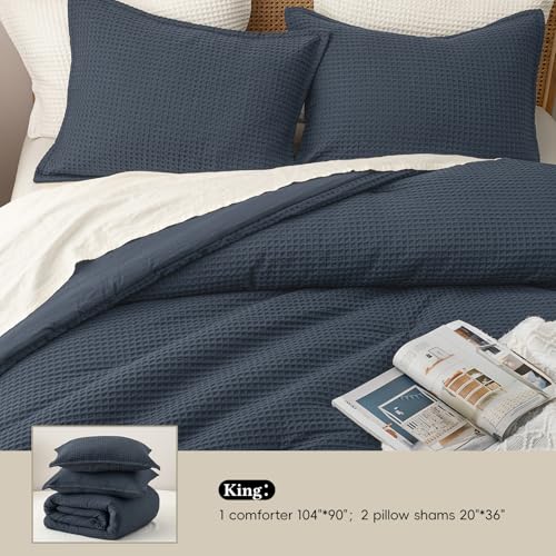 Image of David's Home Textured Summer Waffle Weave Comforter Set, King, Indigo | Cozy Soft Lightweight Breathable Fluffy Durable Hotel Bedding with Pillow Shams for All Season, Luxury Home Decor, Giftable
