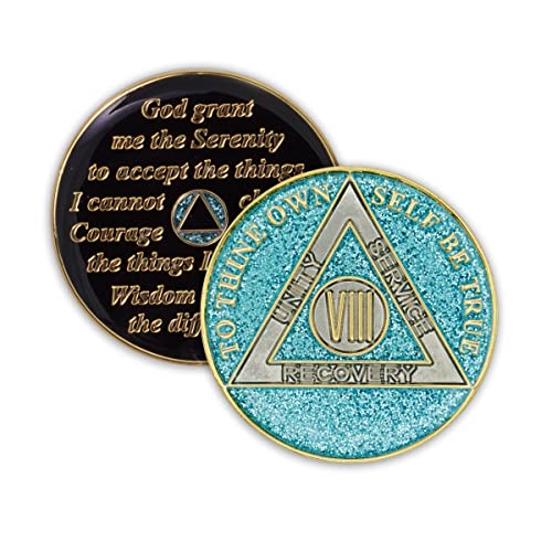Image of 8 Year Sobriety Coin | Glitter Triplate AA Chip | Recovery Anniversary Token (Blue)