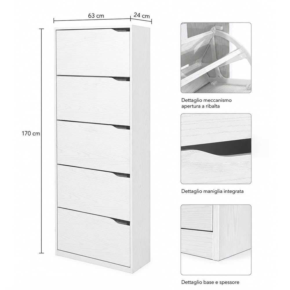 BAKAJI Scarpiera 5 Ripiani Salvaspazio con Maniglia a Scomparsa, Portascarpe con Struttura in Legno e Ante a Ribalta con Doppio Fondo, Capacità Fino a 30 Paia di Scarpe, 63 x 24 x 170 cm (Bianco)