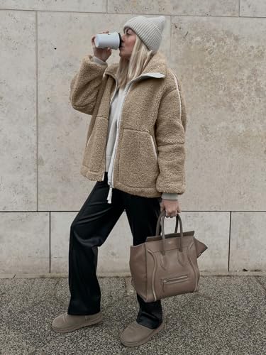 Tankaneo Womens Oversized Sherpa Fleece Jacket Zip Up Teddy Coat Winter Warm Stand Collar Fuzzy Outerwear4