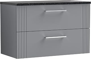 nuie Modern Bathroom Wall Hung 2 Drawer Part Fluted Vanity Basin Unit with Laminate Black Sparkle Worktop, Satin Grey, 800mm