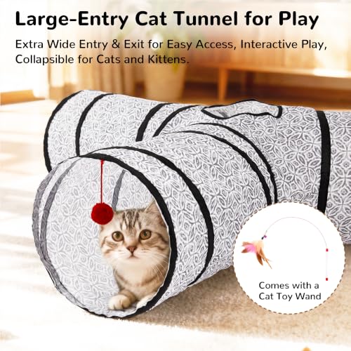 Image of Tempcore Cat Tunnel, 3-Way Collapsible Toy, Large Size Grey Coin | Large Size 3-Way Cat Tunnel Provides More Room for Cats to Run, Hide and Chase, with Peek Holes, Hanging Ball and Teaser Wand