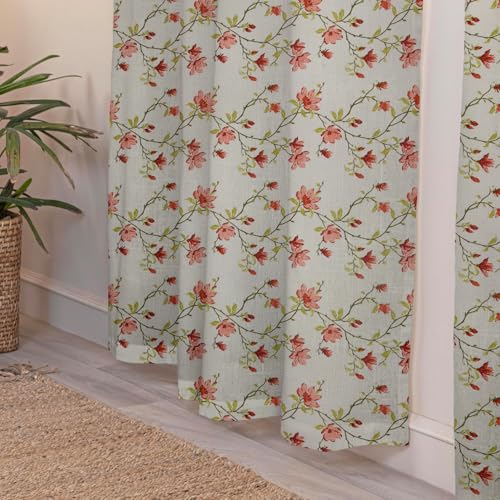 Image of LINENWALAS Cotton Linen Printed Sheer Curtain Set of 2 Panels with Eyelet Ring Hanging, Floral Printed Door Curtains Non Blackout Light Filtering Curtains (7 Feet x 4.5 Feet, Blossoming Vines)