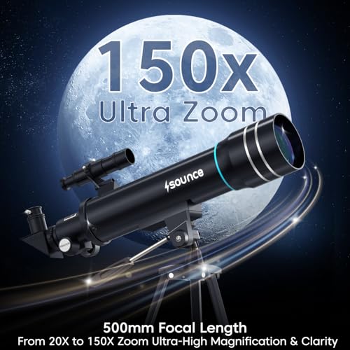 Image of Sounce Astronomical Refractor Telescope 70mm Objective Lens, 500mm Focal Length, 20X-150X High Magnification, Aluminum Alloy Build & Adjustable 135cm Stand for Kids, Adults & Astronomy Beginners