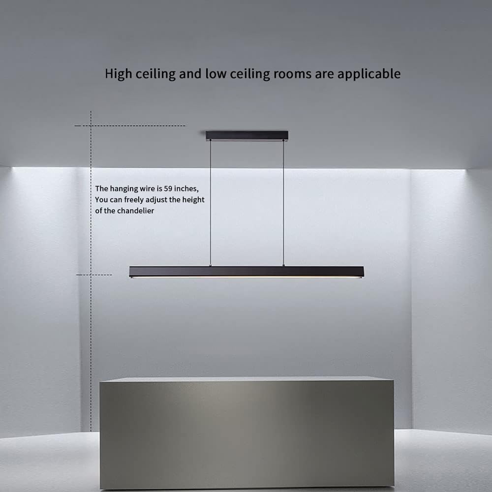 JAYMP Minimalist Linear Pendant Light Dimmable LED Modern Chandelier Dining Room Island Light Restaurant Cafe Bar Office Hanging Lamp Black 57"