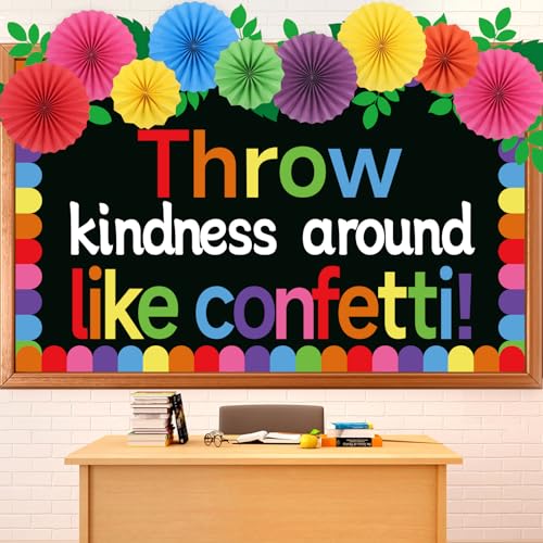 Classroom Bulletin Board Decorations with 3D Paper Fans Inspirational Throw Kindness Around Like Confetti Bulletin Board Set for Back to School Motivational Office Home Wall Door Chalkboard Decor