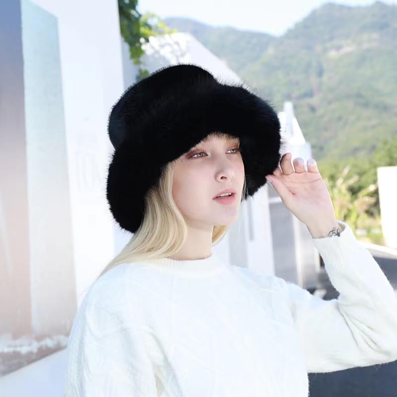 Winter Warm Faux Fur Bucket Hat for Women Rabbit Fur Thick Plush Fisherman Cap Oversized Furry Snow Hat (Black)