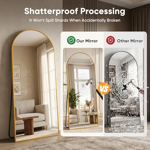 Image of Full Length Mirror, 86 inchx46 inch Arched Floor Mirror Freestanding, Floor Standing Full Body Mirror with Stand for Bedroom, Hanging Mounted for Living Room Cloakroom, Gold