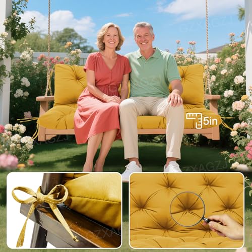 Image of Porch Swing Cushions Outdoor 48x40 inch Waterproof Thicken 5 inch Outdoor Swing Replacement Cushions with Backrest and Ties Patio Swing Cushion for Outdoor Furniture Backyard Bench Garden(Yellow)