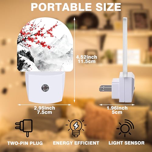 Image of Night Light, Plum Blossom and Snow Mountain Night Lights Plug into Wall Dusk to Dawn Sensor Round Nightlight for Women Men Energy Efficient Led Lamp 0.5W for Stairway Hallway Bedroom