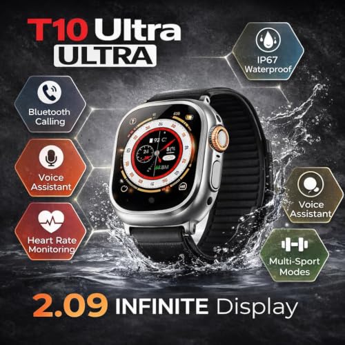 Image of T900 Ultra Smart Watch with Black Strap, Bluetooth Connectivity, Fitness Tracking, 2.09 HD Display