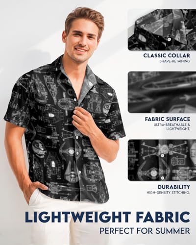Image of 99TIMORO Warship Hawaiian Shirt, Xmas Gift, Wars Movie Button Short Sleeve Top, Character Theme, Holiday Outfits, Black Space Pattern