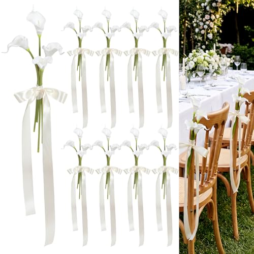 Knitgrip 36 Pcs Wedding Aisle Chair Decorations with Ribbon Bows Calla Lily Flowers Chair Decorations White and Sage Green Artificial Arrangements for Party Wedding Bridal DIY Home Ceremony Pew Decor