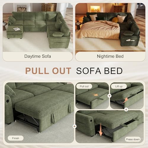 Hanherry Sectional Couch with Pull Out Sofa Bed,Corduroy Sleeper Sofa with Storage Ottoman & USB Charging,Comfy L Shaped Modular Couches for Living Room,Apartment - Thumbnail 3