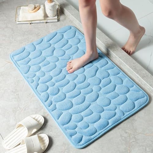 Alfombrilla de baño de espuma viscoelástica con parte inferior antideslizante y diseño de alfombra de guijarros, tapete absorbente adecuado para inodoro, dormitorio y sala de estar (azul claro)