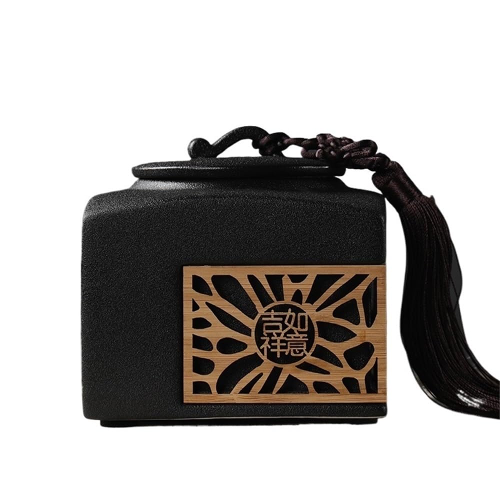 Bx9rE7tK3g Kitchen Storage Jar Household Large Ceramic Tea Canister With Tassel Chinese Hollowed Out Sealed Storage Jar Ceramic Tea Canister(Black)