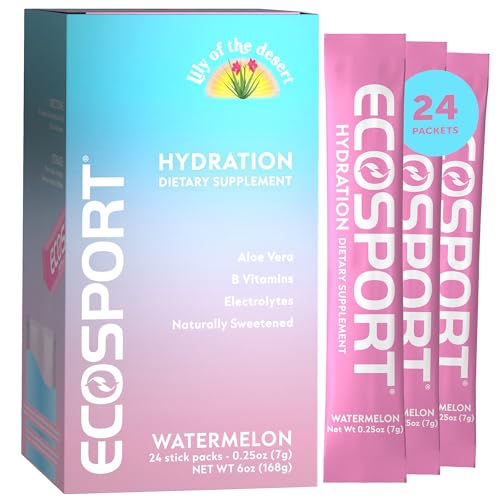 EcoSport Instant Hydration Packets Watermelon Electrolytes Vitamin C B Vitamins & Aloe Vera 24 Stick Packs/Box 0.25 Oz Ea