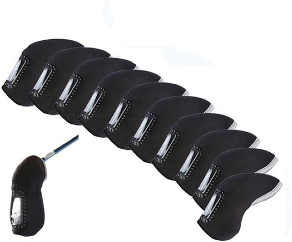 FLTRADE Golf Club Iron Head Covers With Plastic Window Display,Neoprene Material Bring For Titleist Taylormade Ping Callaway-pack of 10,Black