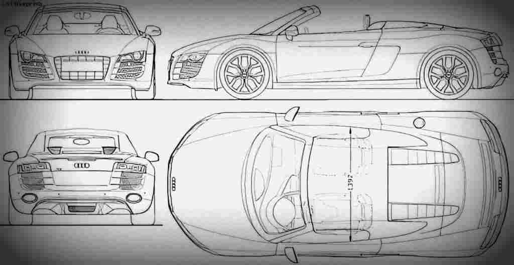 audi r8 spider 2009 2 Blueprint Drawing A4 Photo