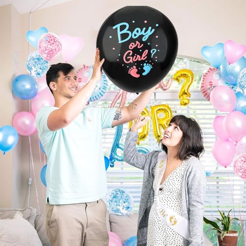 Image of Gender Reveal Balloon, 36 Inch Black Gender Reveal Balloon Big Boy or Girl Balloon Kit with Footprint Blue and Pink Confetti for Baby Genders Reveal Ideas Party Decorations Baby Shower Party Supplies