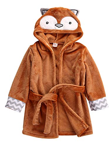 Baby Coral Fleece Bathrobe Toddler Kids Hooded Terry Robe Cartoon Animal Pajamas Sleepwear Bath Wrap (Brown Fox, 6-12m)