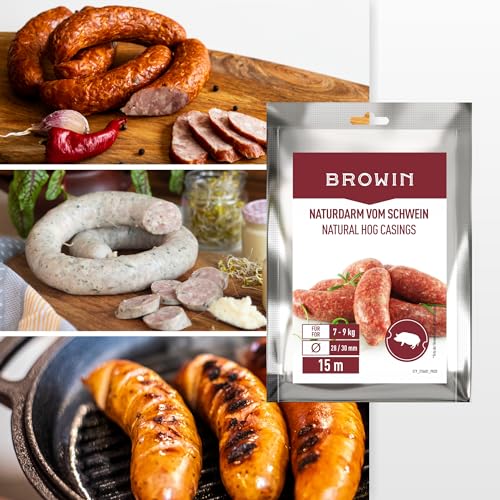 BROWIN® Naturdarm für Wurst | Premium Naturdarm für hausgemachte Würstchen, Wacholderwurst, Weißwurst, Bratwurst (Kaliber 28/30 mm, 15 m, Schweinedarm)