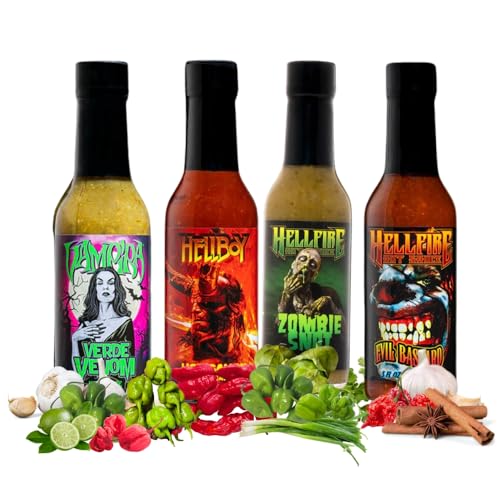 Hellfire Hot Sauce Gift Pack - Gourmet Hot Sauce Variety Pack With 4 Scary Flavors for Parties or Gifts (Four 5 oz. Bottles)