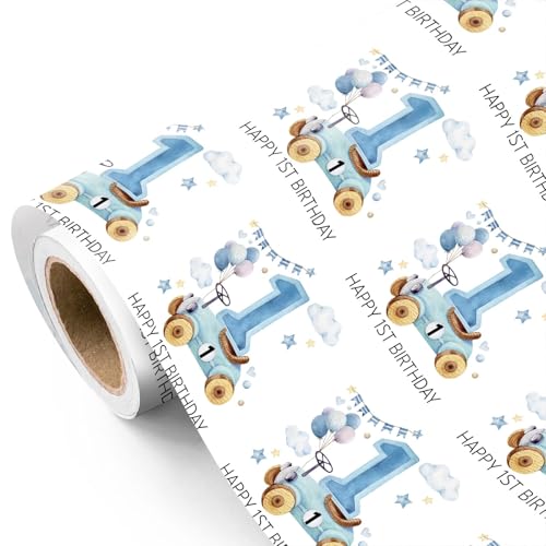 WRAPAHOLIC Racing Car 1st Birthday Wrapping Paper Roll - Mini Roll - 17 Inch x 16.5 Feet - Blue Happy 1st Birthday Race Car Wrapping Paper for Baby Boy Kids Party Baby Shower