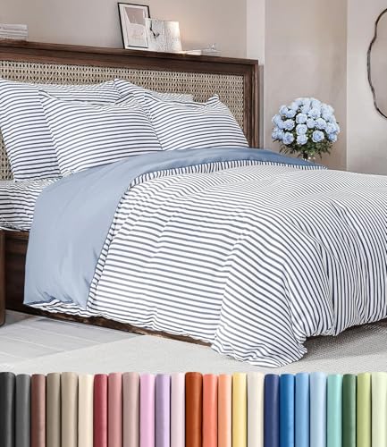 Image of Duvet Cover Cal King Size Set - Extra Soft Cal King Duvet Cover 104 inch x 98 inch with 2 Pillow Shams for Women, Men, Kids & Teens - Comfy, Breathable, Hotel Luxury w / Zipper Closures & Ties (Blue Stripes)