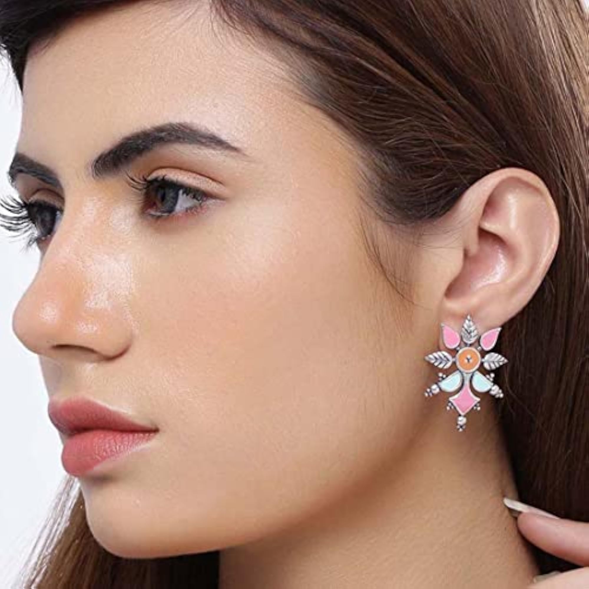 Brass Oxidised Plated Enamel Floral Dangle Earrings
