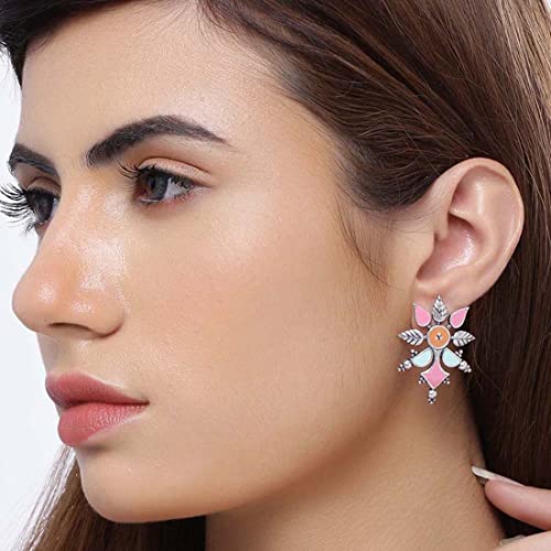 Brass Oxidised Plated Enamel Floral Dangle Earrings