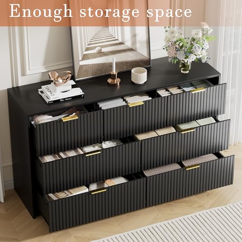 Image of Furniway Black Dresser for Bedroom, Modern Dresser with 7 Drawers and Smooth Slides, Wide Chest of Drawers with Golden Handles for Bedroom, Living Room, Closet, 15.7 inch D x 55.1 inch W x 31.4 inch H