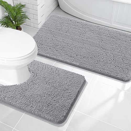 Image of OLANLY Bathroom Rugs Sets 2 Piece, Soft Absorbent Chenille Bath Mats and U-Shaped Contour Toilet Mat Area Rug Set, Machine Washable Bath Carpet, Home Decor Accessories(47 inchx20 inch+24 inchx20 inch, Grey)