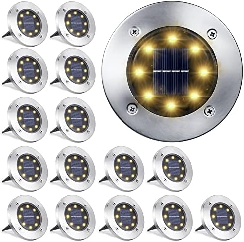 LYHOPE Solar Ground Lights Outdoor, 16 Pack 8 LED Solar Disk Lights Waterproof Garden In-ground Pathway Lights Landscape Lighting for Lawn,Yard,Deck,Patio,Walkway (Warm White)
