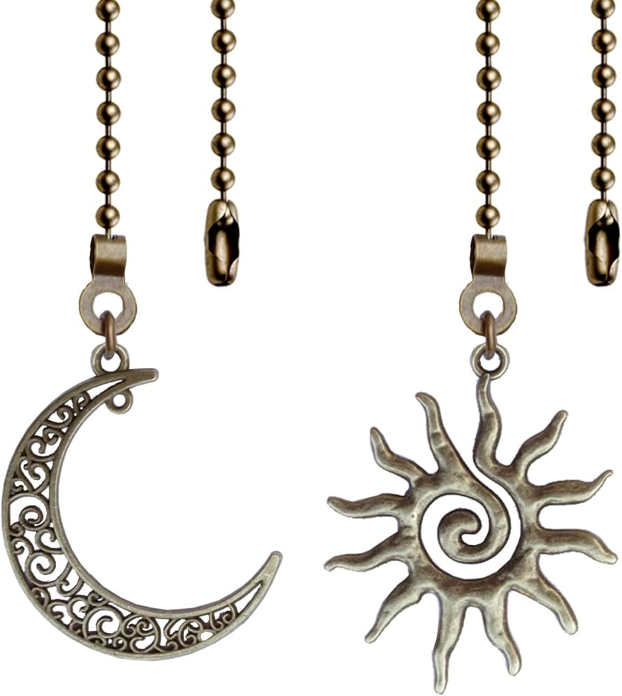 2 Pack Ceiling Fan Pull Chain, Sun and Moon Pull-chain Extension, 12 Inches Celestial Decor Beads Ball Chain Extender with Connectors for Ceiling Fans/Lighting Lamps (Bronze)
