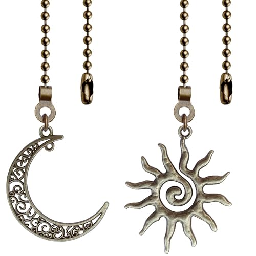 2 Pack Ceiling Fan Pull Chain, Sun and Moon Pull-chain Extension, 12 Inches Celestial Decor Beads Ball Chain Extender with Connectors for Ceiling Fans/Lighting Lamps (Bronze)